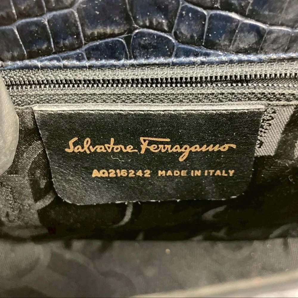 Salvatore Ferragamo Vintage Black Crocodile Embossed Leather Bag Gancini Italy